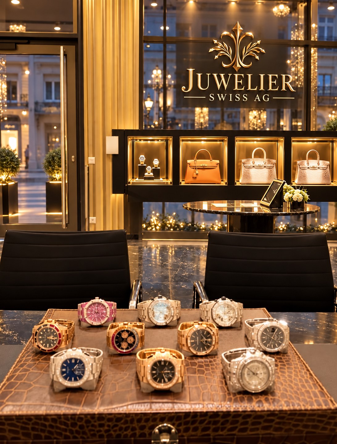 Juwelier Swiss AG: Schaufensterentwurf mit Uhren und drei Handtaschen
